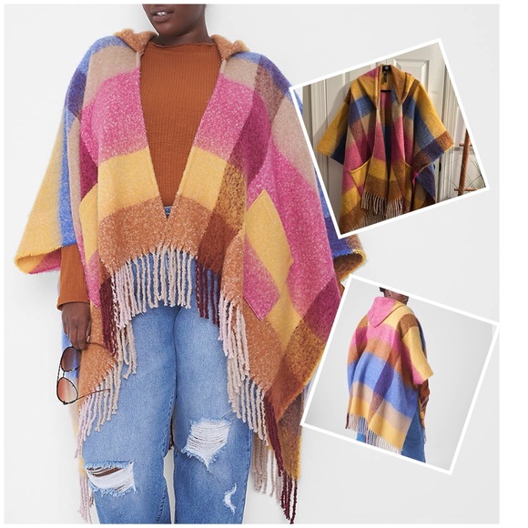 Lane Bryant Relaxed Open-Front Hooded Poncho, One Size in Buffalo Check. NWOT - Picture 1 of 16